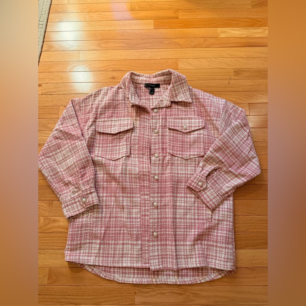 Forever 21 pink + white plaid tweed shacket with faux pearl button #preppy #girl